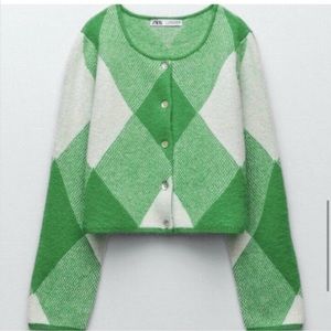 Zara Argyle Jacquard Knit Cardigan Size Small